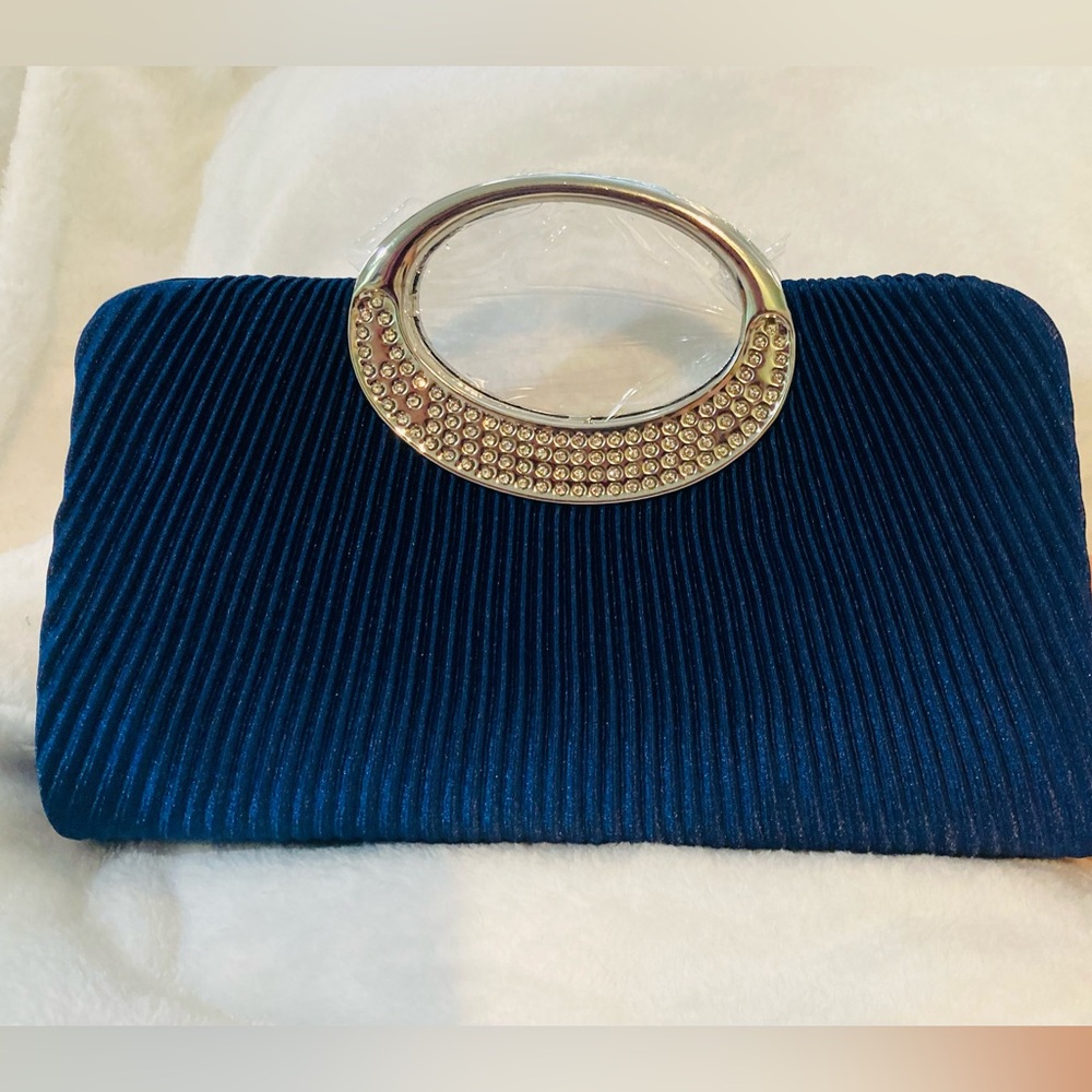 New Elegant Blue Clutch with Chain and Rhinestone Handles and Silver Accents